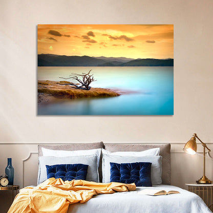 Gnarled Driftwood at Turquoise Lake Wall Art
