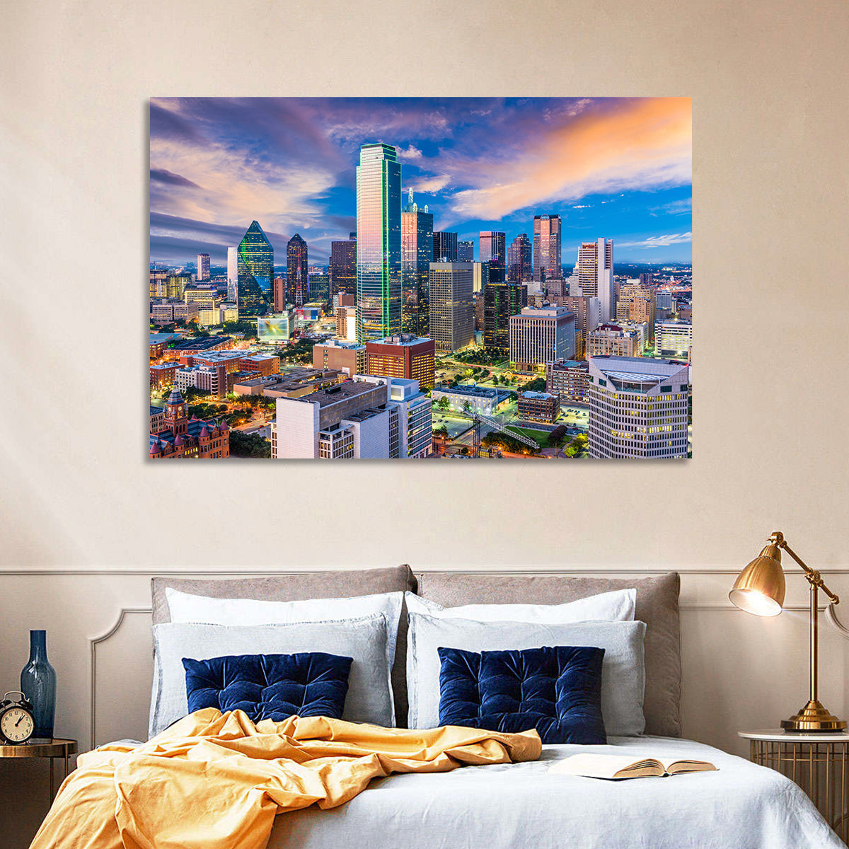 Dallas Twilight Skyline Wall Art in a room, landscape