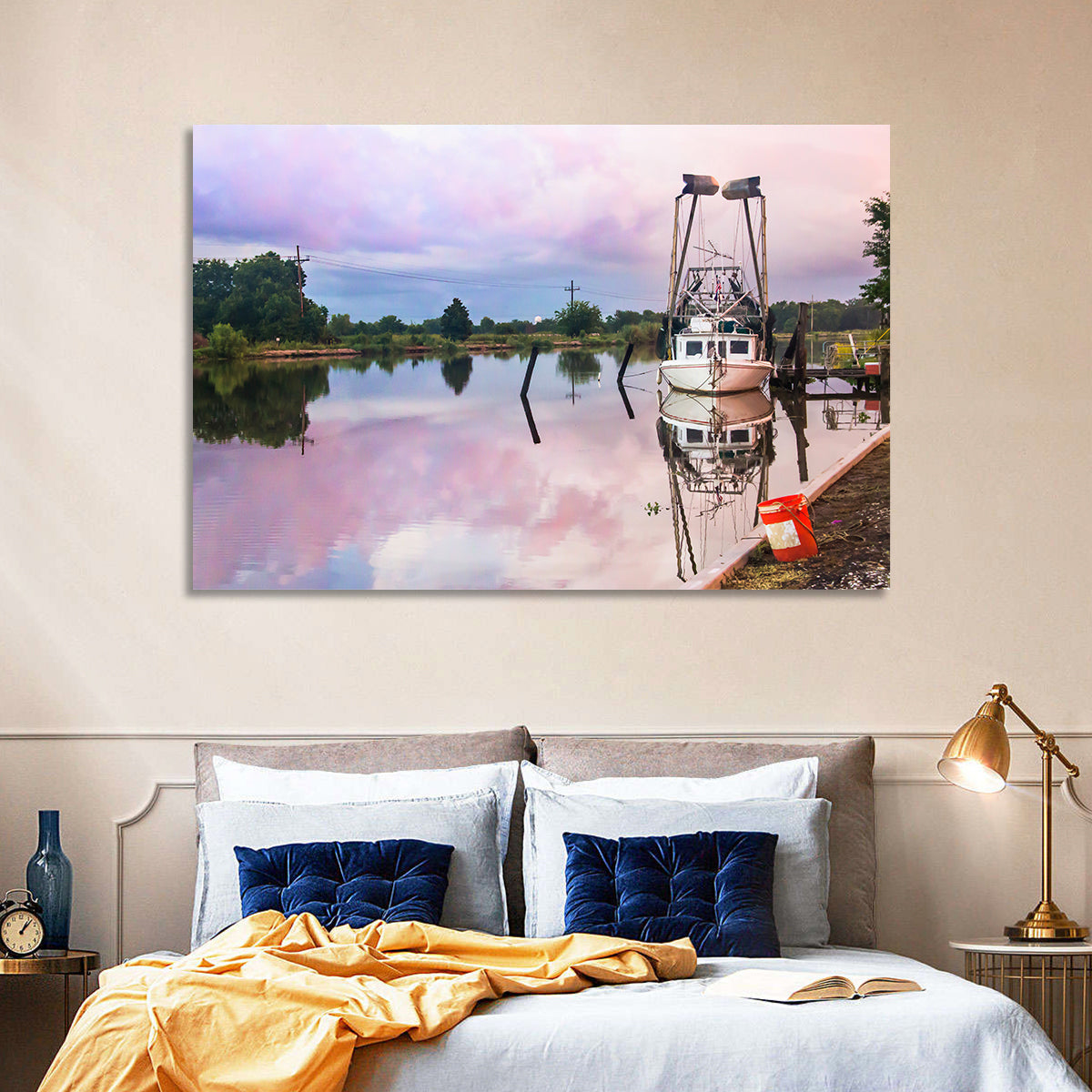 White Shrimp Boat on Louisiana Bayou Wall Art in a room, landscape