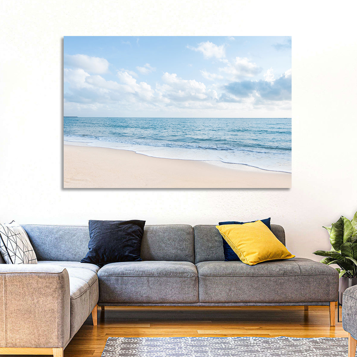 Minimalist Sandy Beach and Gentle Waves Wall Art in a room, landscape