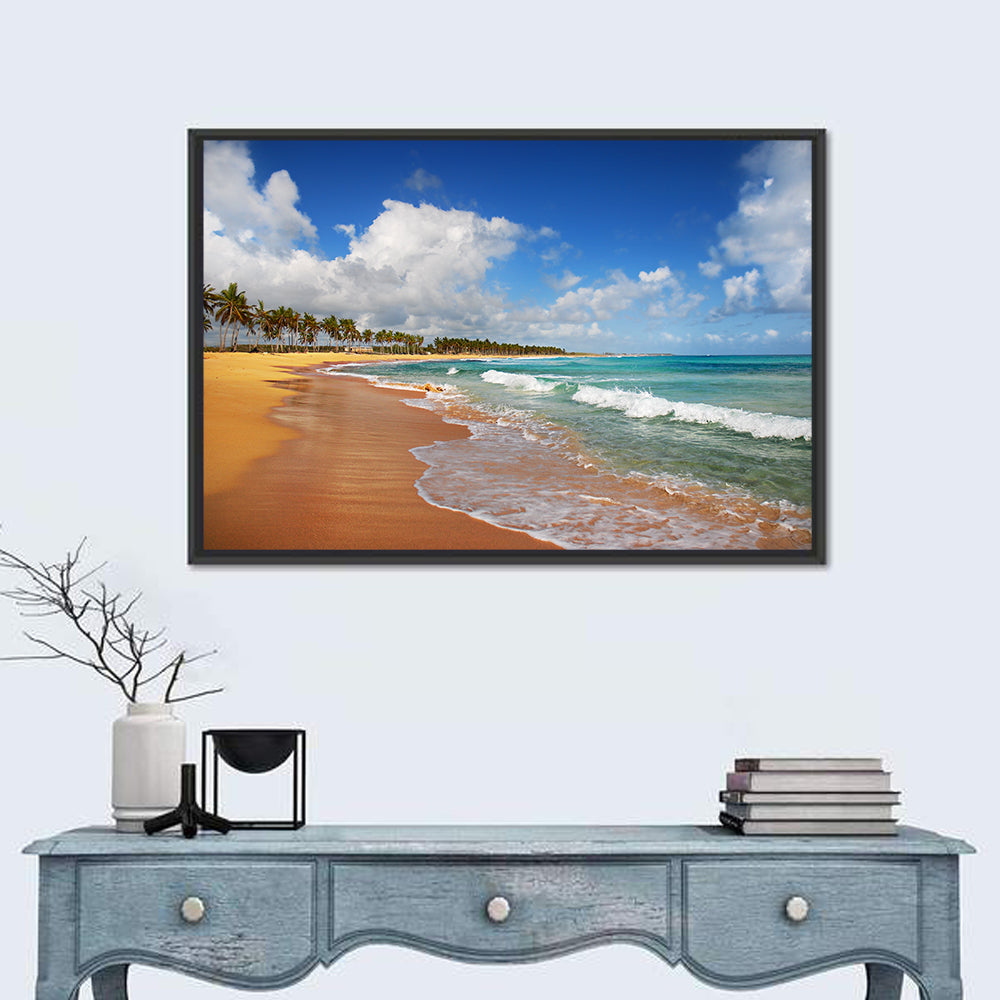 Palm Lined Tropical Coast Wall Art in a room, landscape