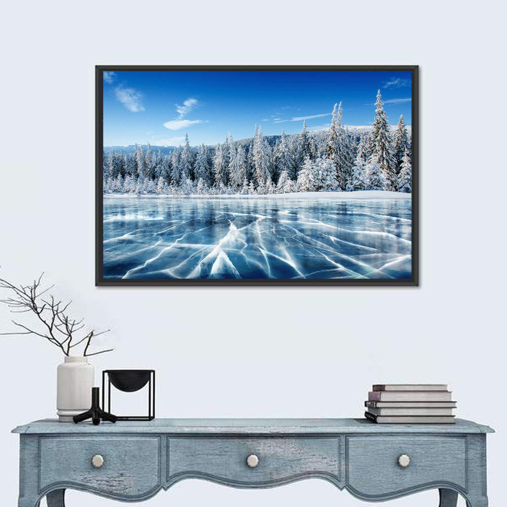 Cracked Ice Lake with Snowy Pines Wall Art