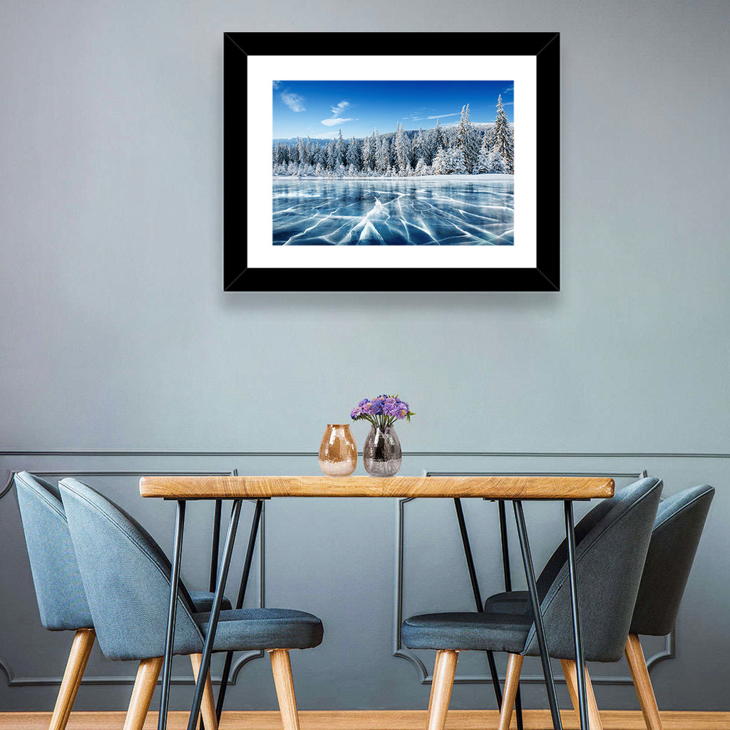 Cracked Ice Lake with Snowy Pines Wall Art
