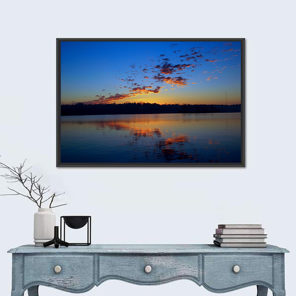 Lake Livingston Sunset Reflection Wall Art in a room, landscape