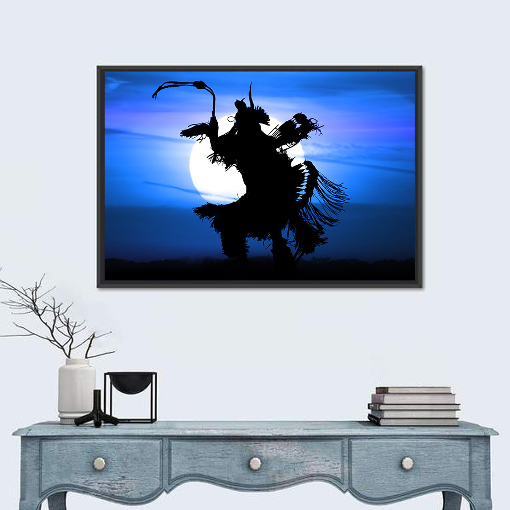 Moonlit Pow Wow Dancer Wall Art in a room, landscape