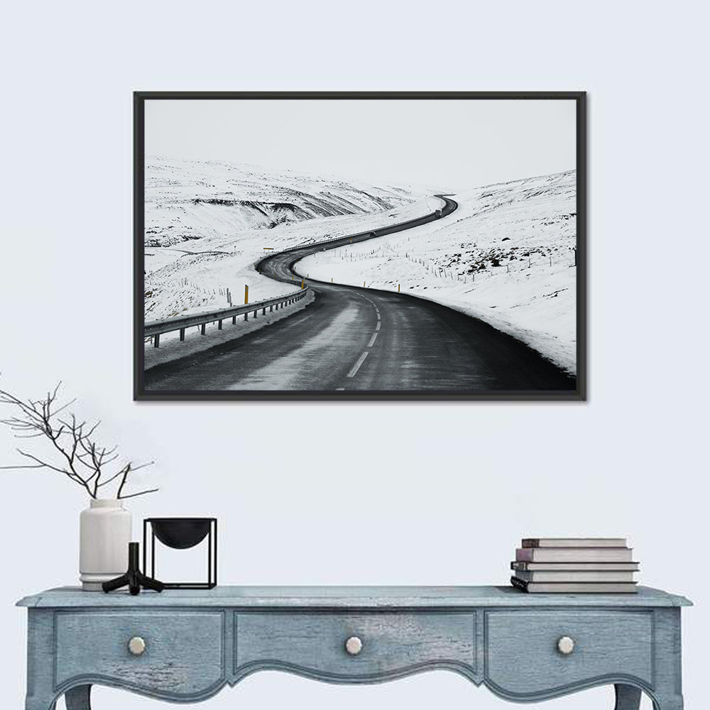 Winding Snow Road with Yellow Markers Wall Art in a room, landscape