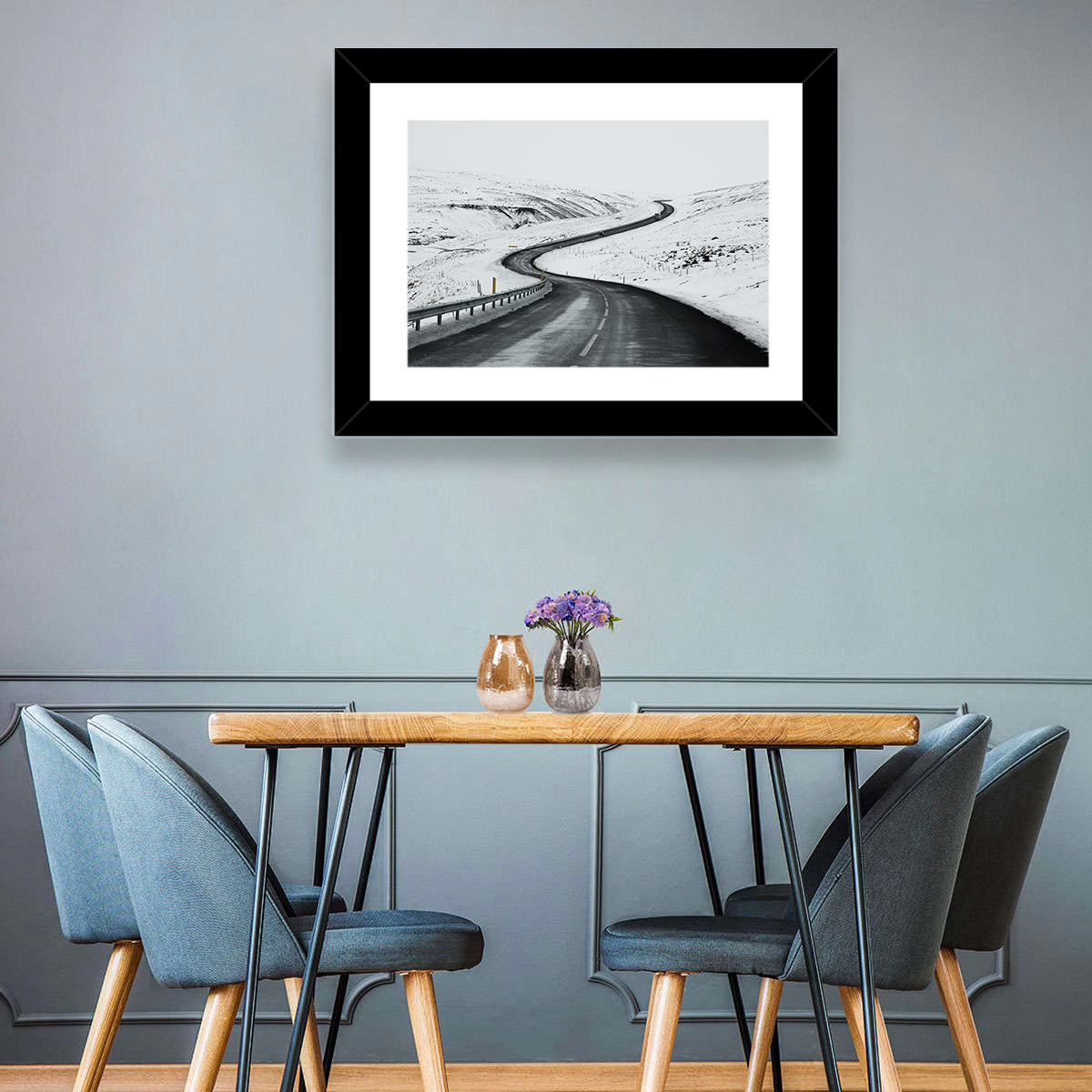 Winding Snow Road with Yellow Markers Wall Art in a room, landscape