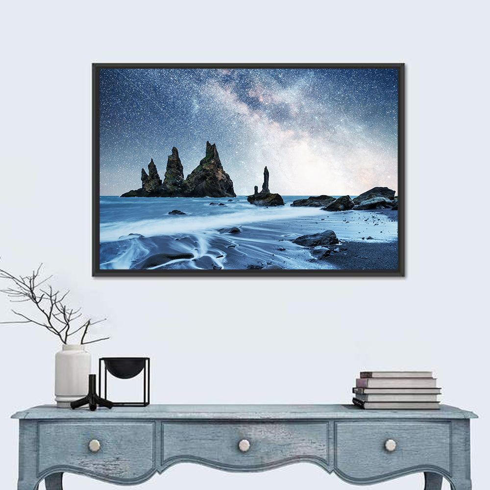 Reynisdrangar Sea Stacks Night Wall Art in a room, landscape