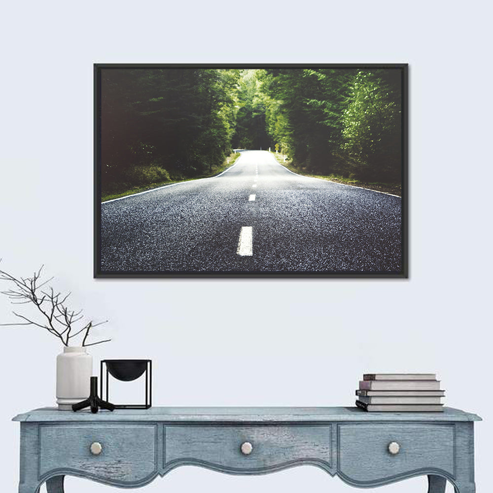 Summer Forest Road with Yellow Sign Wall Art in a room, landscape