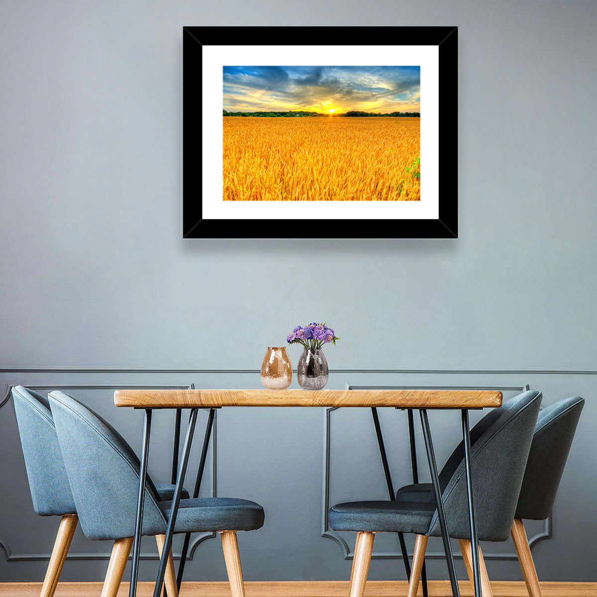 Wheat Field Sunset Wall Art in a room, landscape