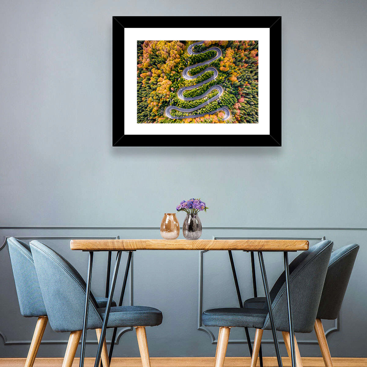 Autumn Winding Forest Road Wall Art in a room, landscape