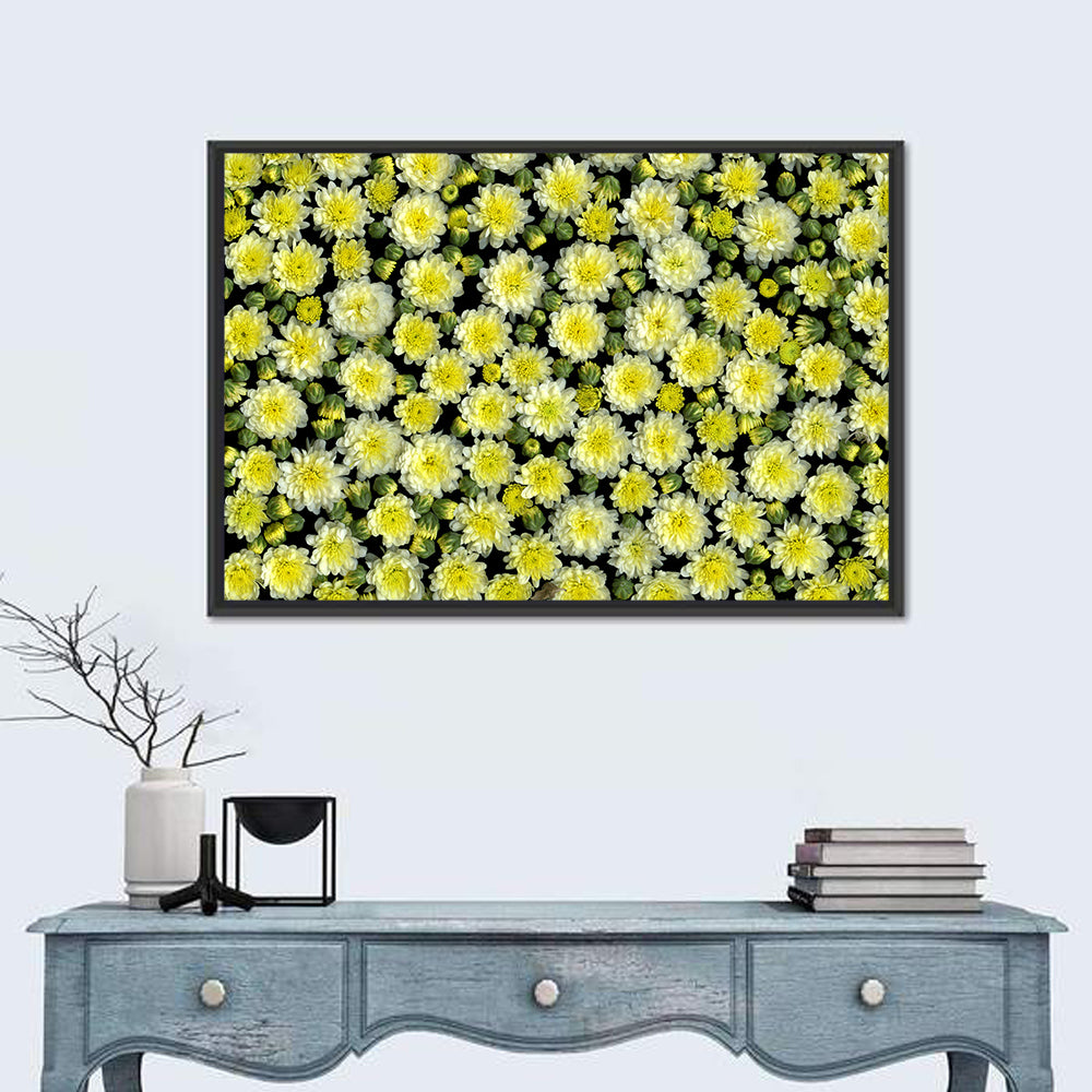 Yellow Chrysanthemum Bloom Pattern Wall Art in a room, landscape