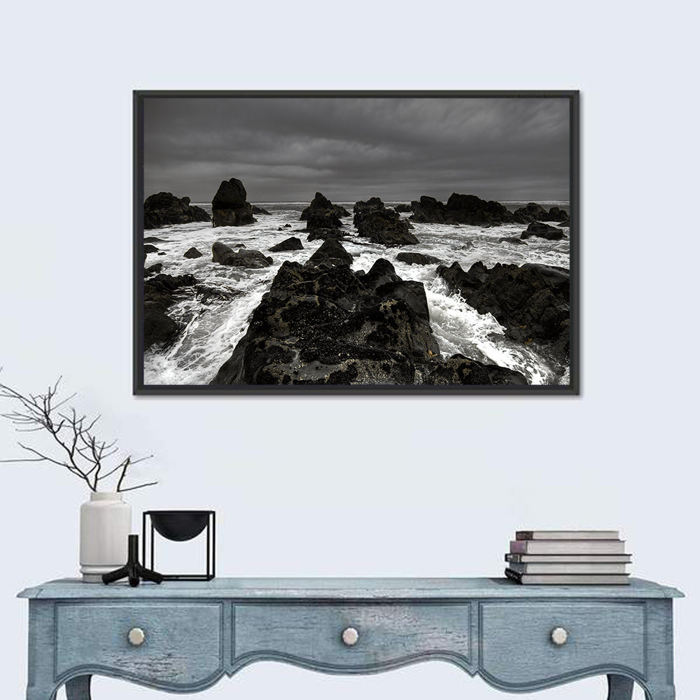 Moody Black and White Rocky Coast Waves Wall Art in a room, landscape
