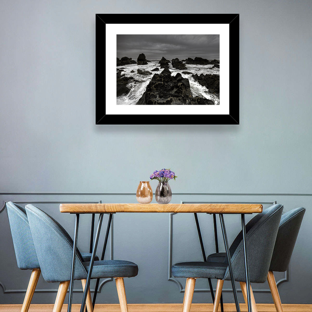 Moody Black and White Rocky Coast Waves Wall Art