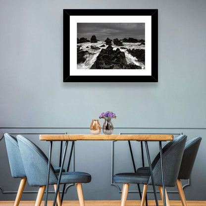 Moody Black and White Rocky Coast Waves Wall Art
