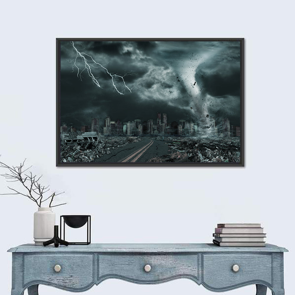 Tornado Over Destroyed City Skyline Wall Art in a room, landscape