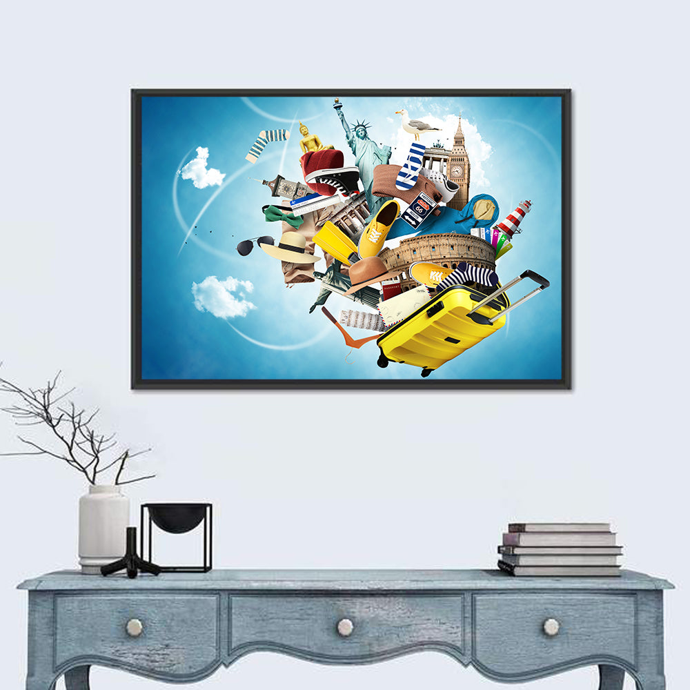 Floating Landmarks with Yellow Suitcase Wall Art