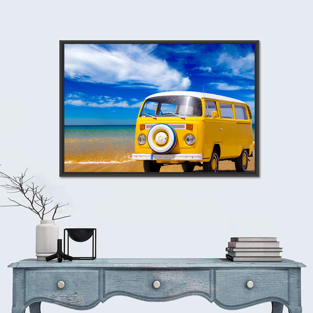 Yellow Vintage Van on Beach Wall Art in a room, landscape