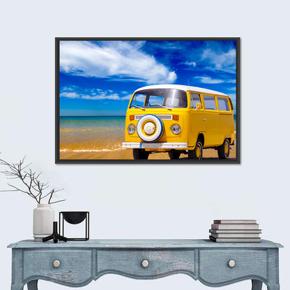 Yellow Vintage Van on Beach Wall Art