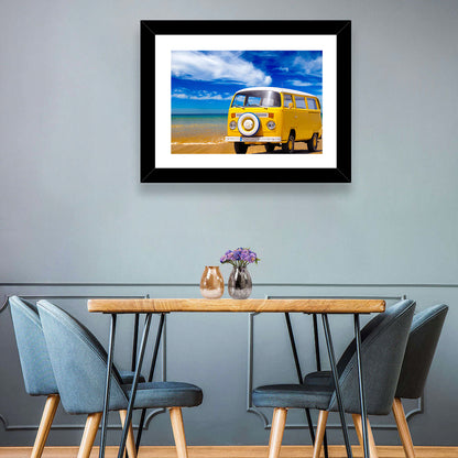 Yellow Vintage Van on Beach Wall Art
