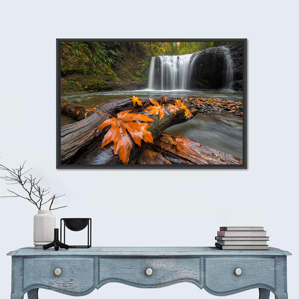 Clackamas Waterfall with Maple Leaf Wall Art in a room, landscape