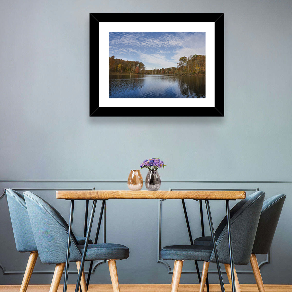 Seneca Lake Autumn Reflection Wall Art in a room, landscape