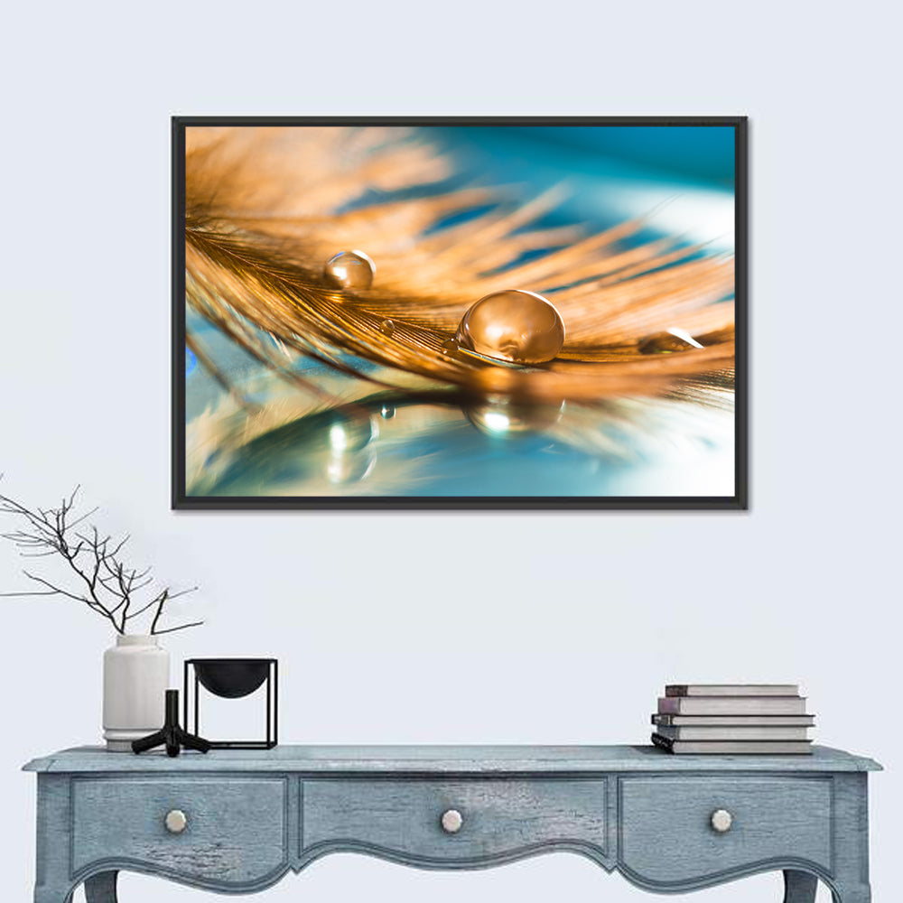 Golden Feather with Droplets Wall Art