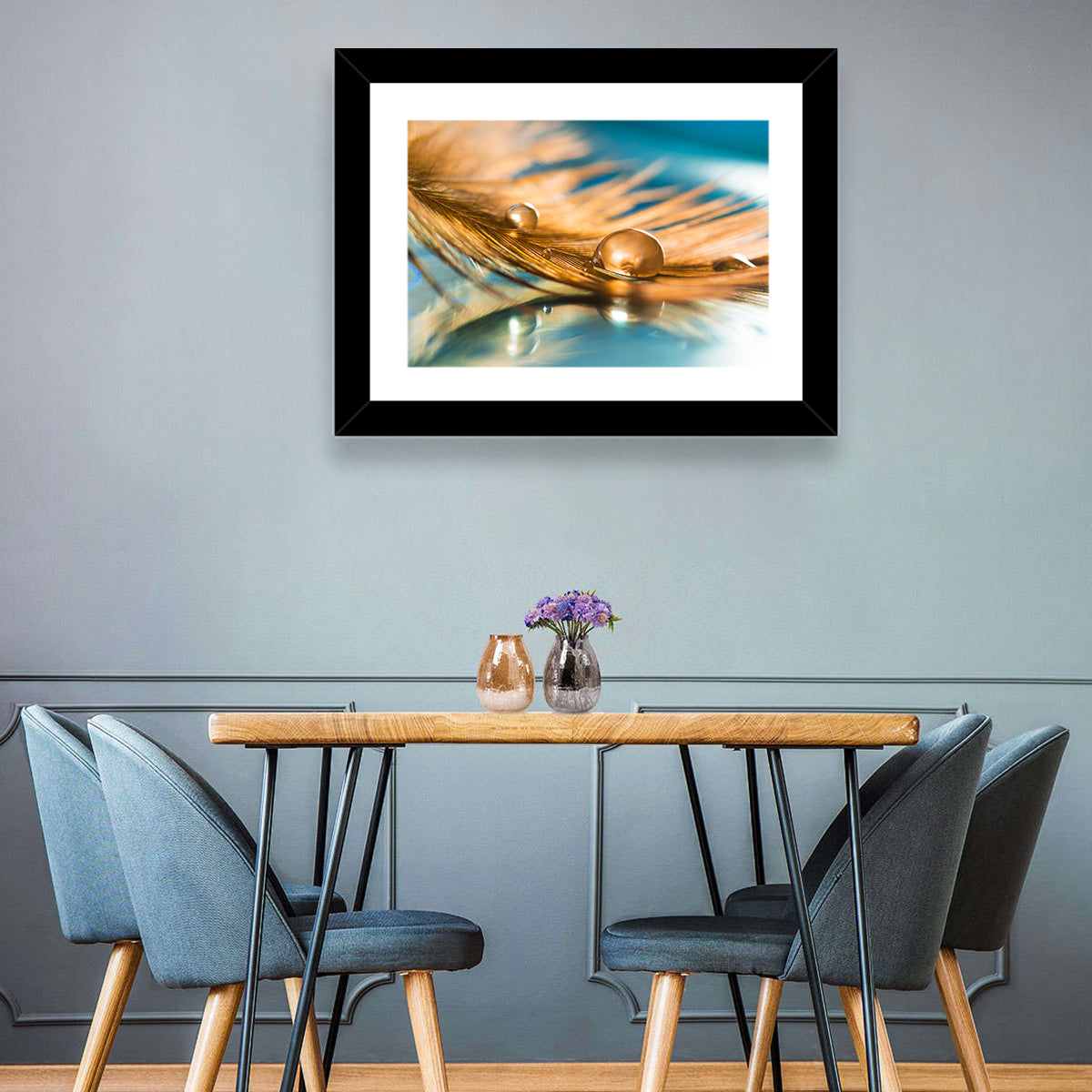 Golden Feather with Droplets Wall Art