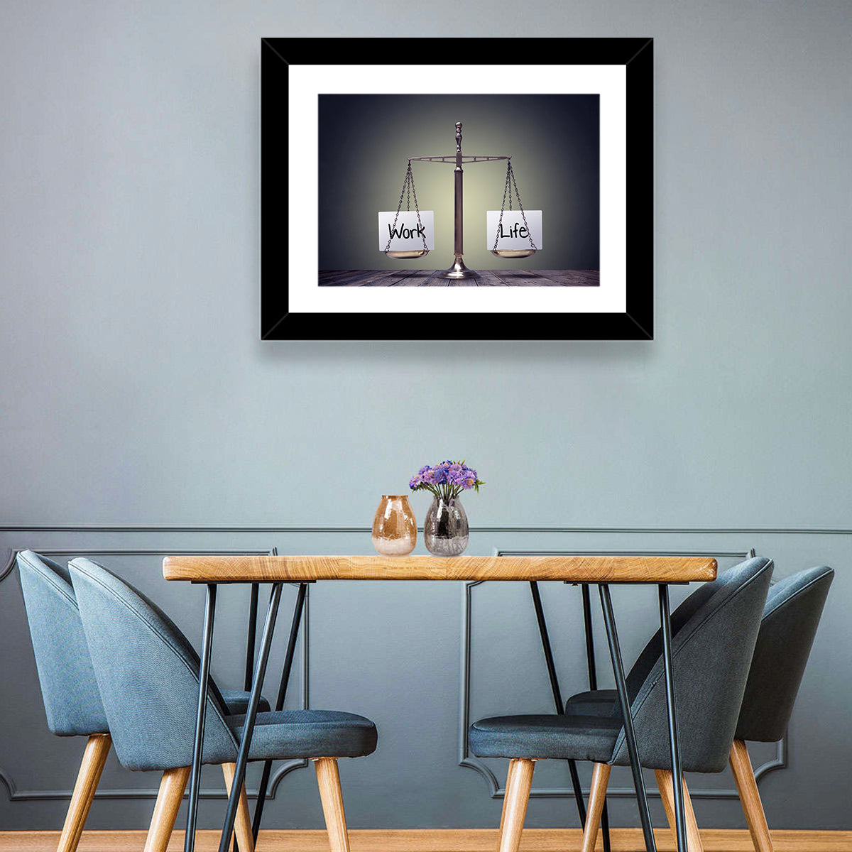 Metallic Scale: Work and Life Wall Art in a room, landscape