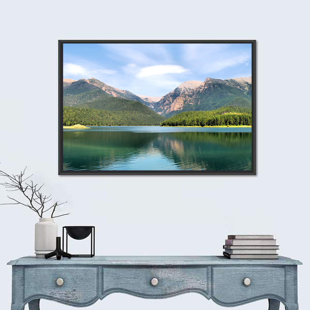 Mission Mountain Lake Reflection Wall Art in a room, landscape