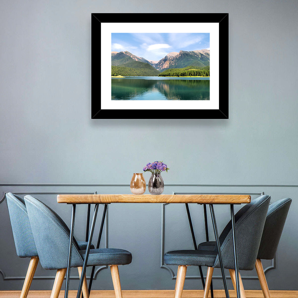 Mission Mountain Lake Reflection Wall Art in a room, landscape