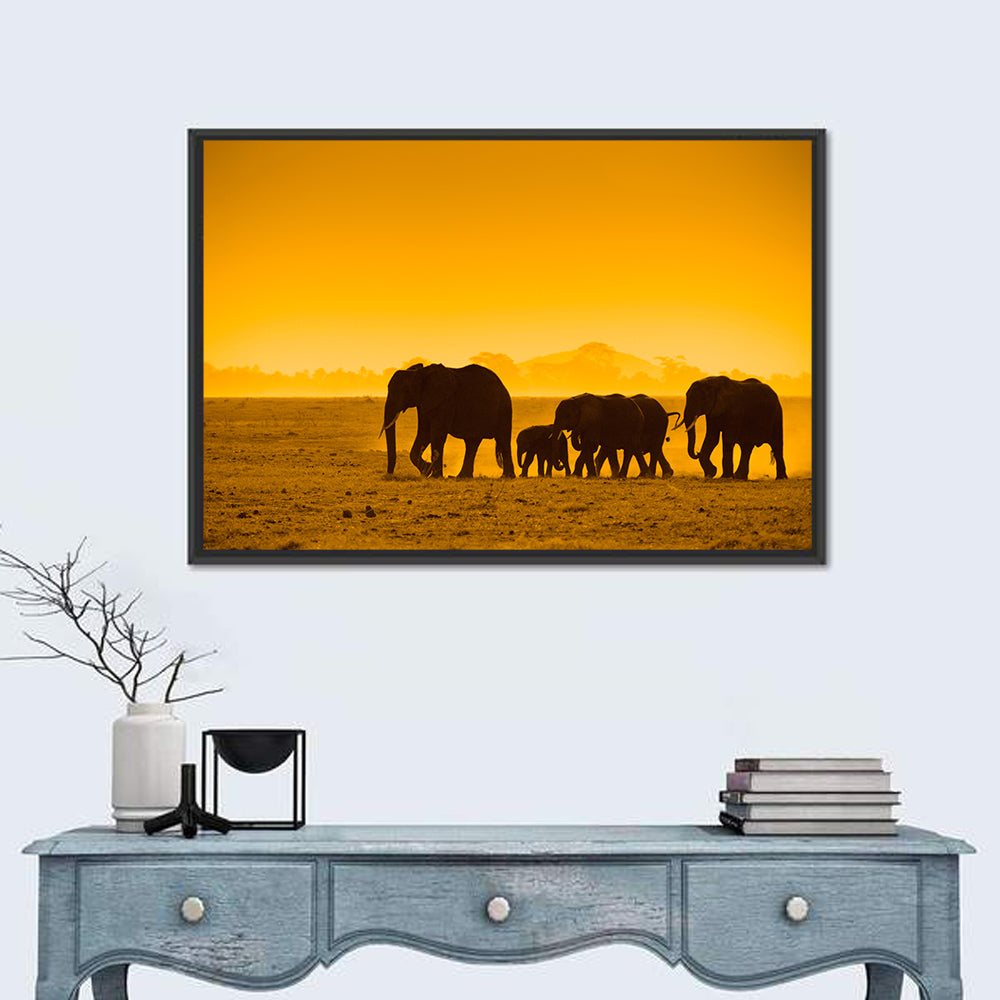 Elephant Family Silhouette Wall Art in a room, landscape