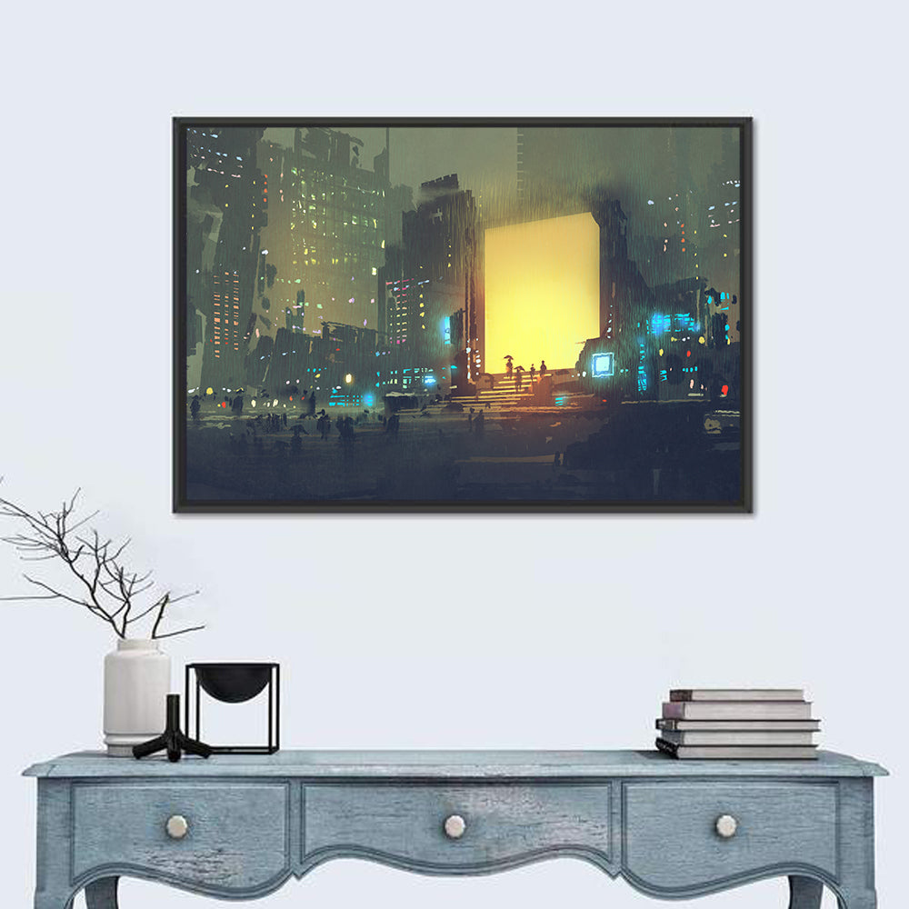 Rainy Night City with Glowing Portal Wall Art in a room, landscape