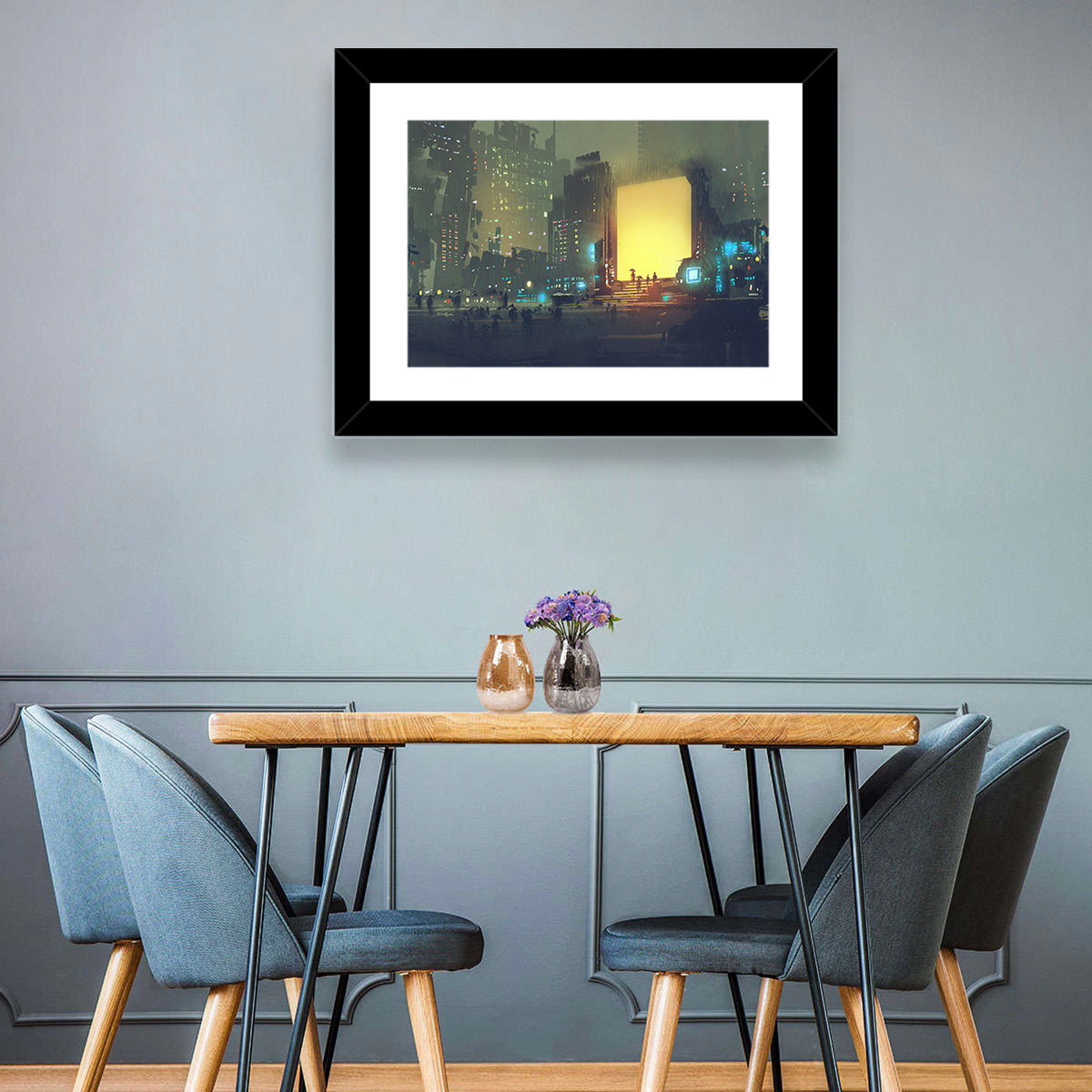 Rainy Night City with Glowing Portal Wall Art in a room, landscape