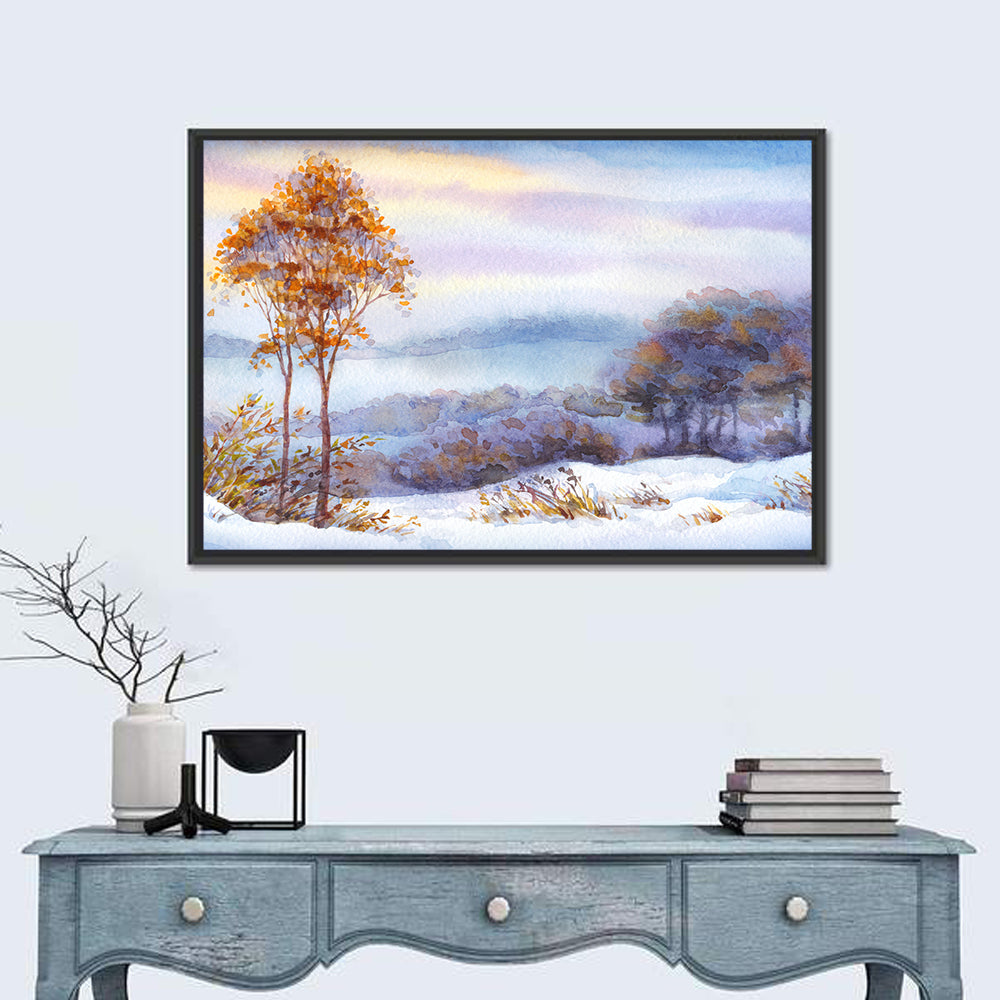 Misty Snow Valley Wall Art in a room, landscape