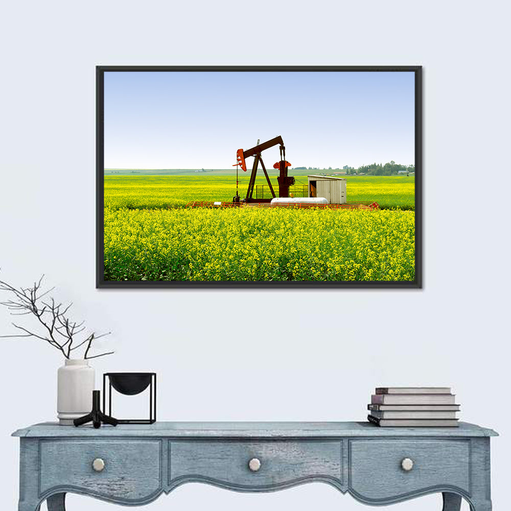 Rusty Pumpjack in Yellow Canola Field Wall Art in a room, landscape