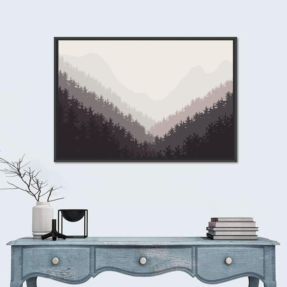 Misty Mountain Valley Illustration Wall Art in a room, landscape
