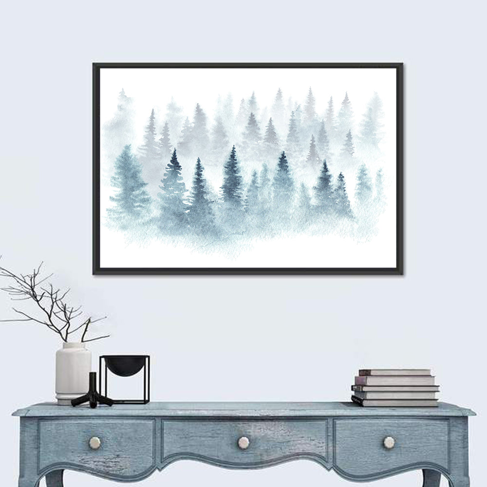 Misty Pine Forest Watercolor Wall Art in a room, landscape