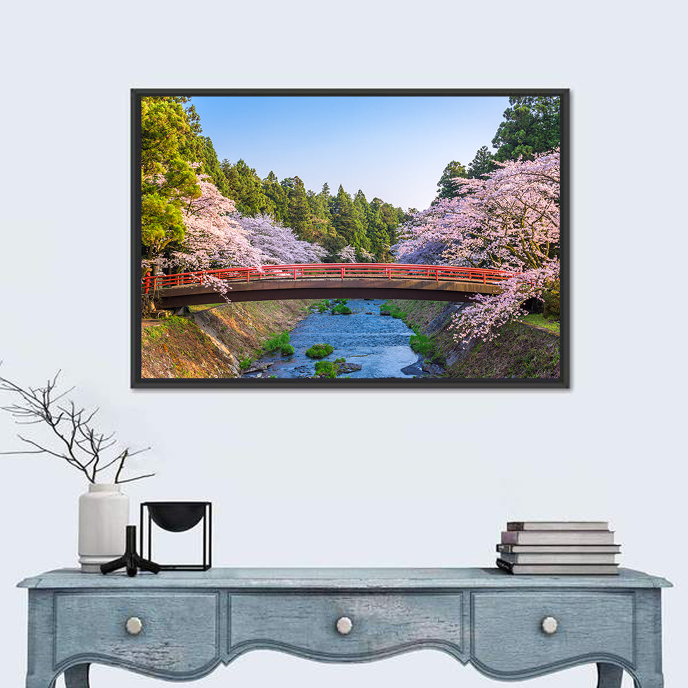 Arched Red Bridge with Cherry Blossoms Wall Art in a room, landscape