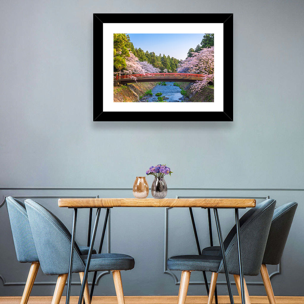 Arched Red Bridge with Cherry Blossoms Wall Art