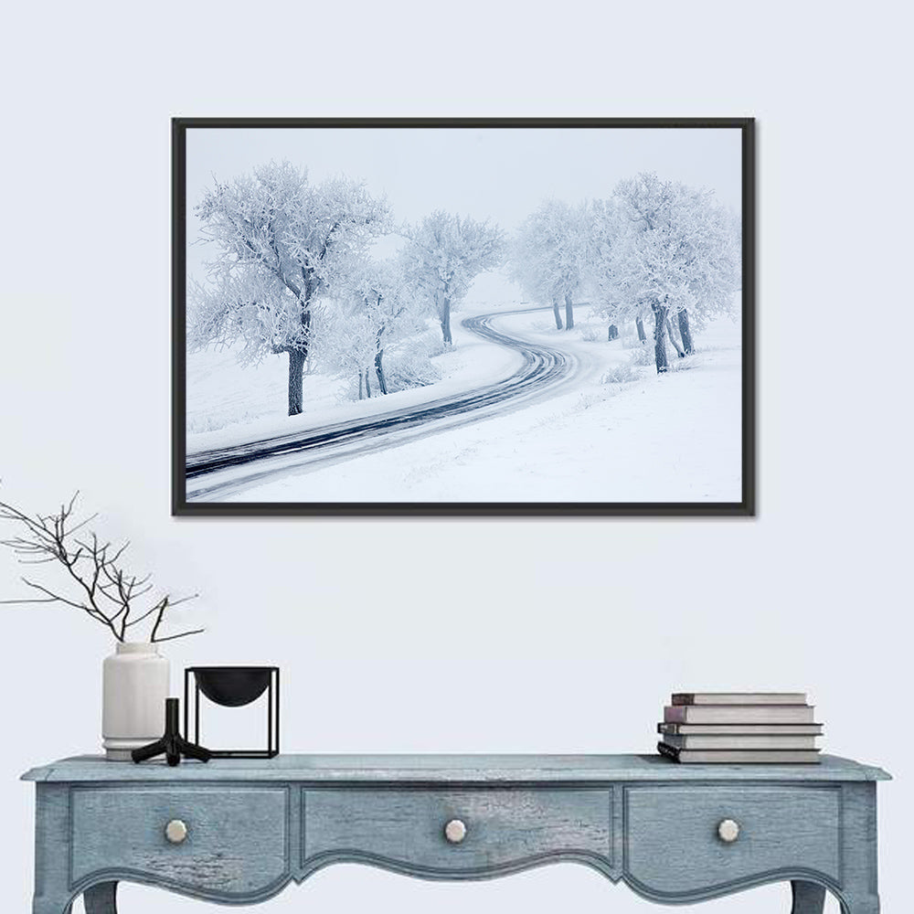 Misty Winter S-curve Road Wall Art in a room, landscape