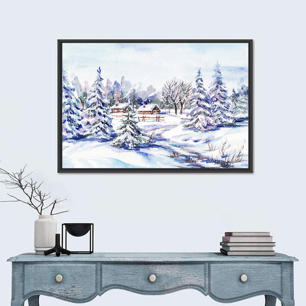 Snowy Village Path Wall Art in a room, landscape
