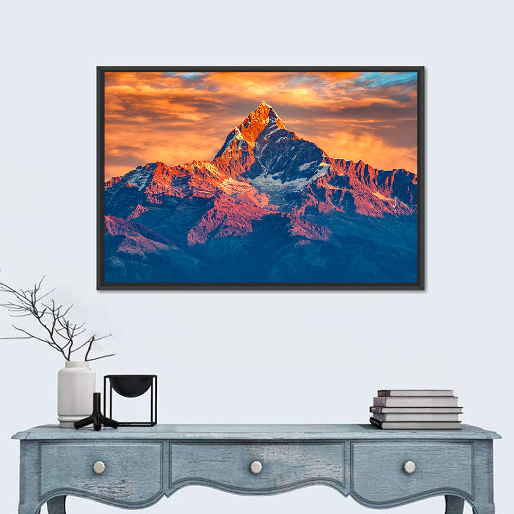Machhapuchhre Sunrise Over Pokhara Wall Art in a room, landscape