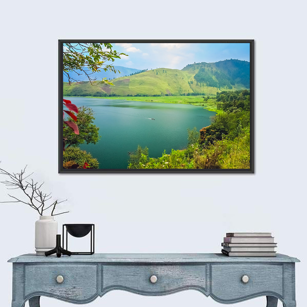 Lake Toba Boat and Hills Wall Art in a room, landscape