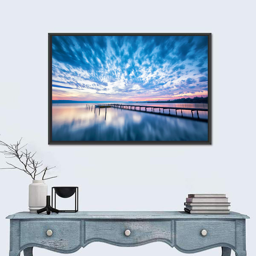 Cloudy Lake Pier at Dusk Wall Art