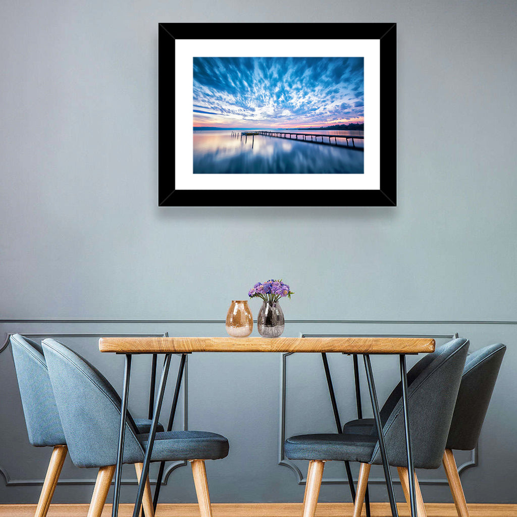 Cloudy Lake Pier at Dusk Wall Art