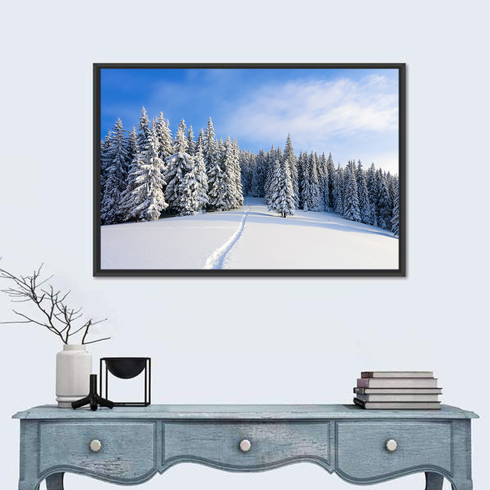Snowy Mountain Forest Path Wall Art in a room, landscape