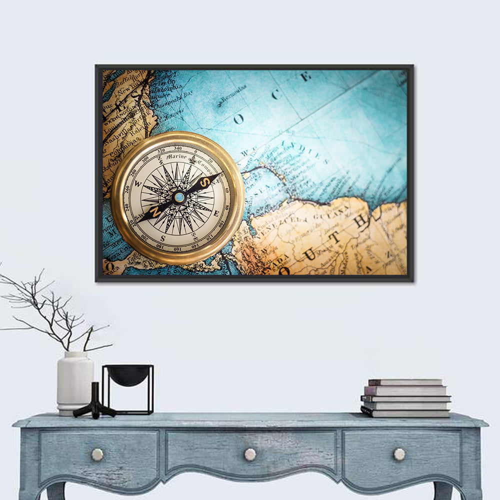 Vintage Compass Over Atlantic Map Wall Art