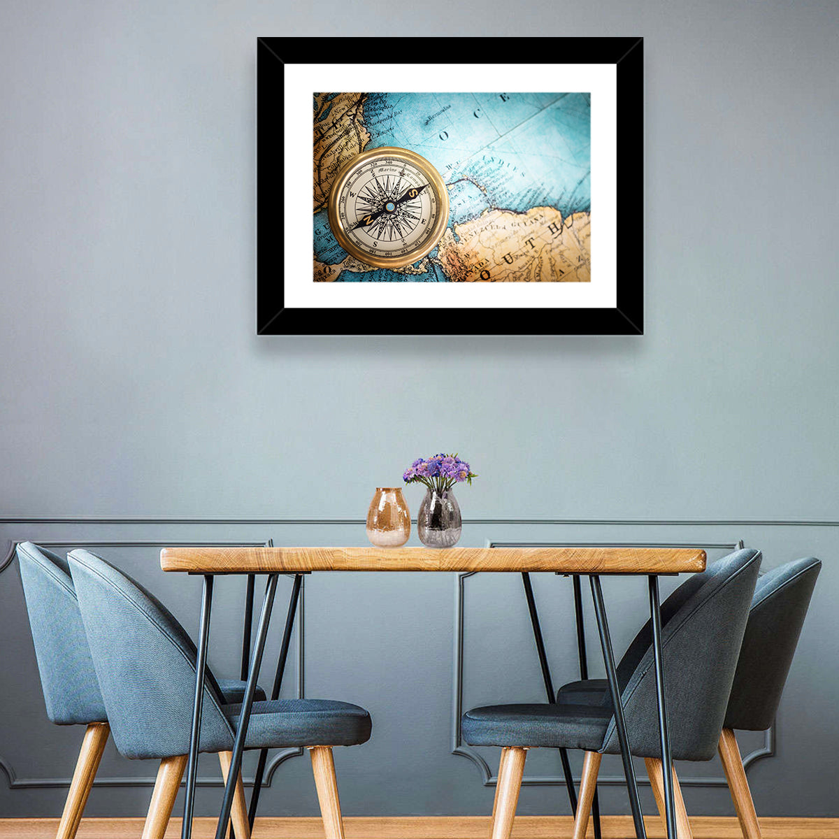 Vintage Compass Over Atlantic Map Wall Art
