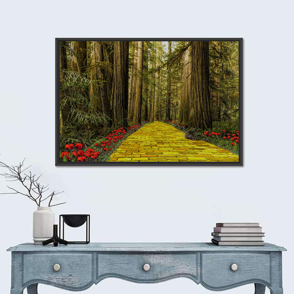Yellow Brick Path Through Redwoods Wall Art in a room, landscape